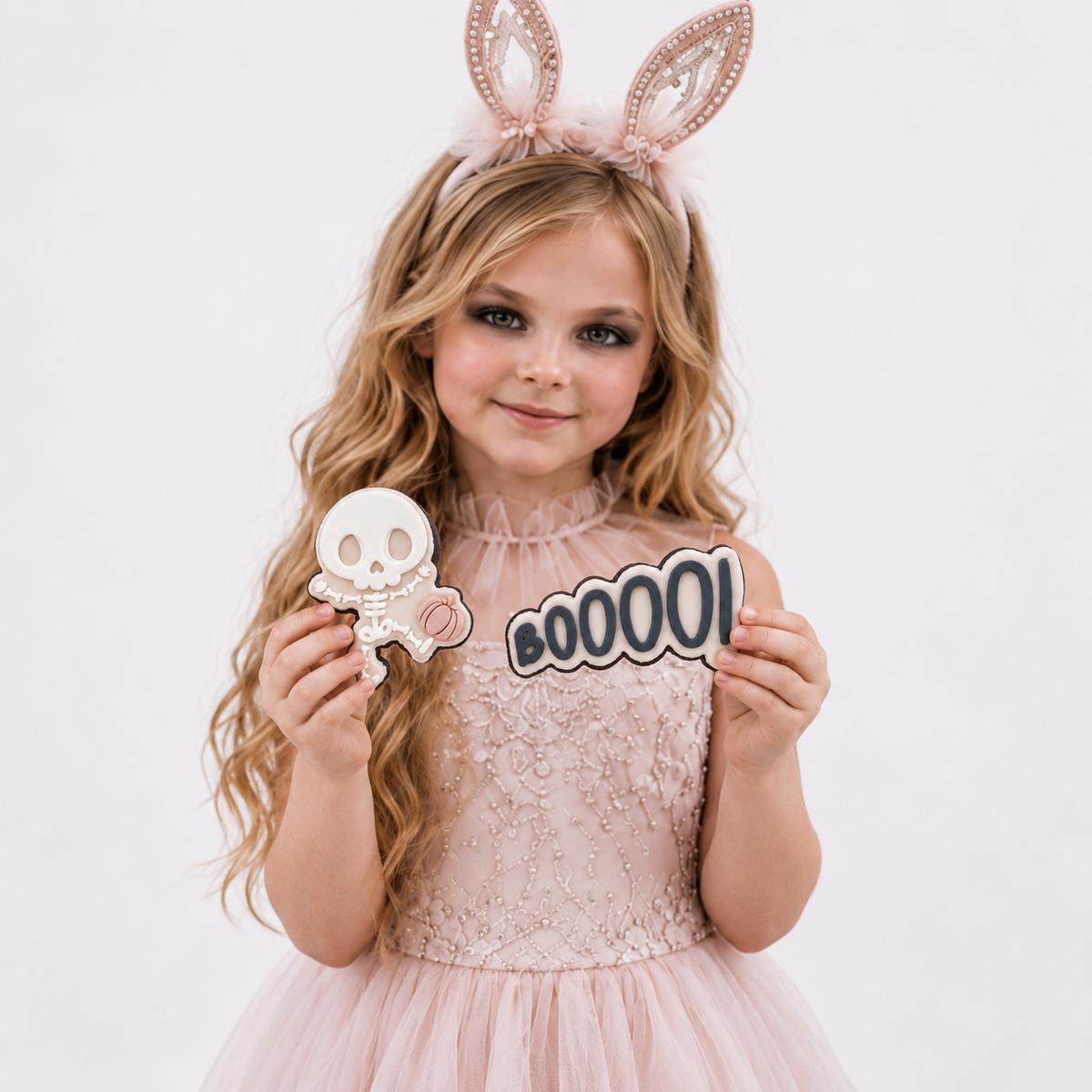 Girl in blush pink bunny ear dress holding skeleton and BOOOOO Halloween fondant sugar cookies.