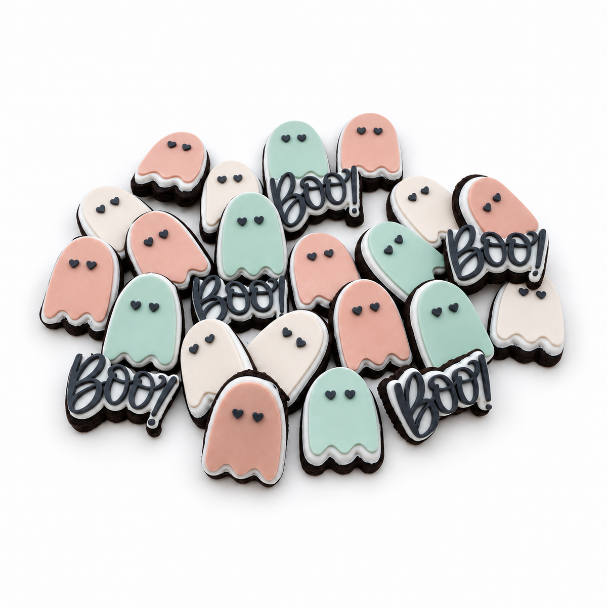 Smaller assortment of blush, sage and ivory mini ghost and BOO! Halloween fondant sugar cookies.