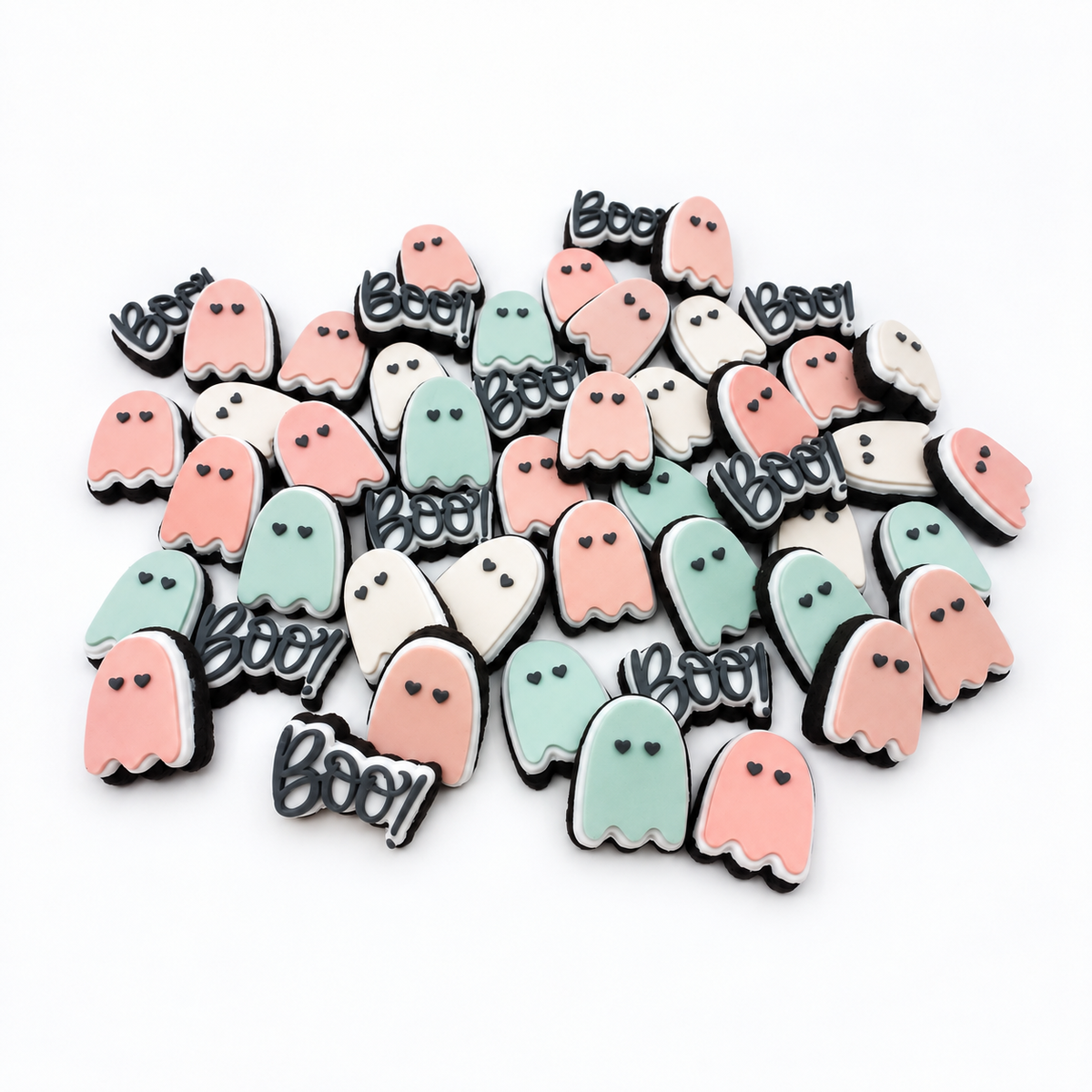 Large assortment of blush, sage and ivory mini ghost and BOO! Halloween fondant sugar cookies.