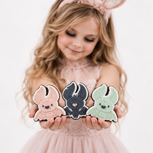 Girl wearing blush bunny ears looking down at three handcrafted Halloween bat sugar cookies.