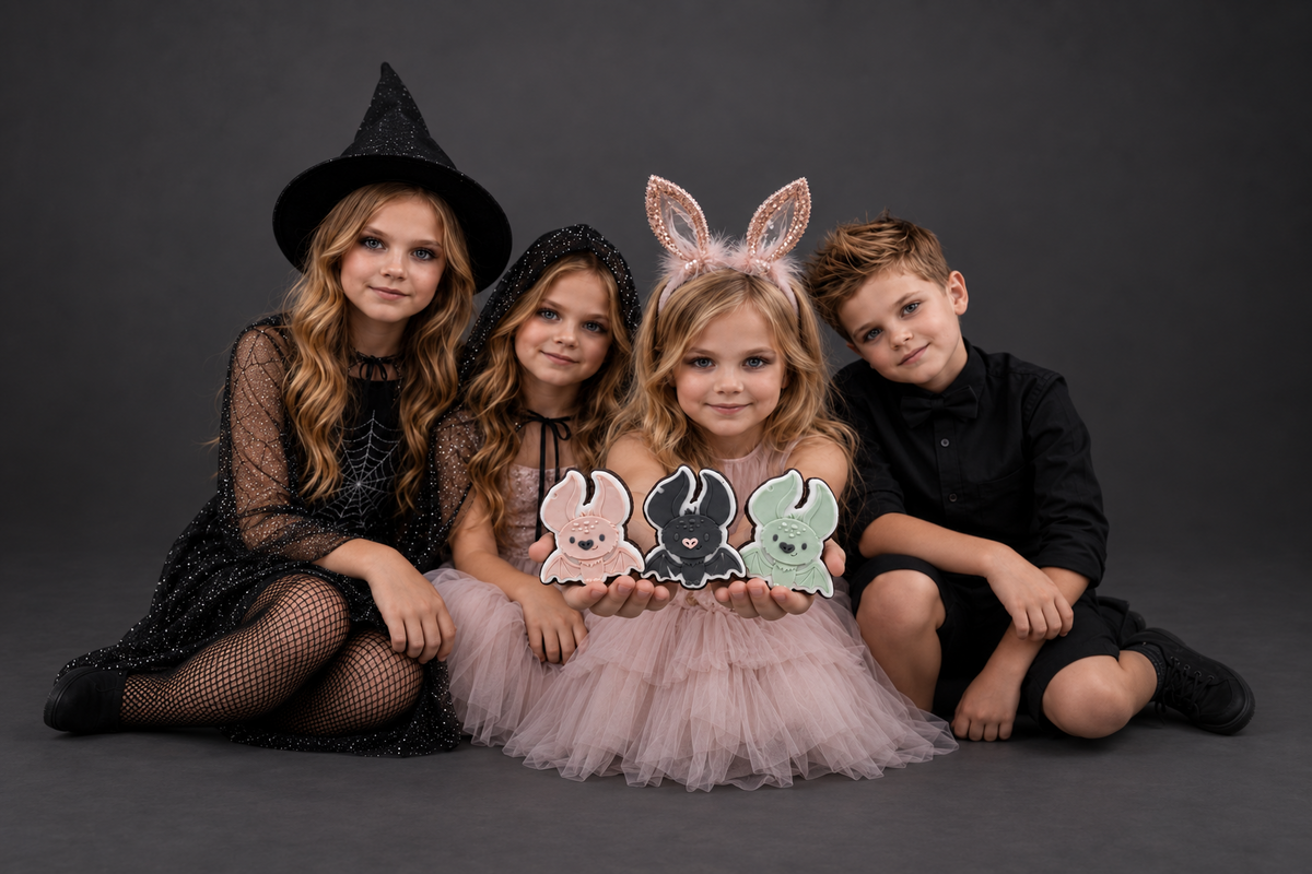 Four children in blush and black Halloween outfits presenting pastel fondant bat cookies.